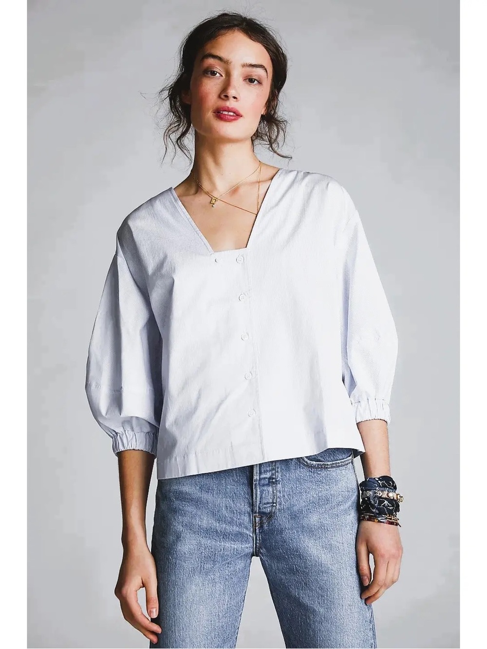 Harshman Lilian Button Front Puff-Sleeve Blouse